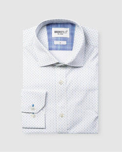 mens long sleeve business shirt in white with a light blue  spotted print all over