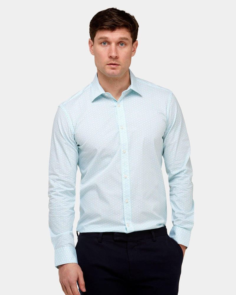 Brooksfield Classic Fit Geo Print Business Shirt in Aqua Blue with a black suit trouser
