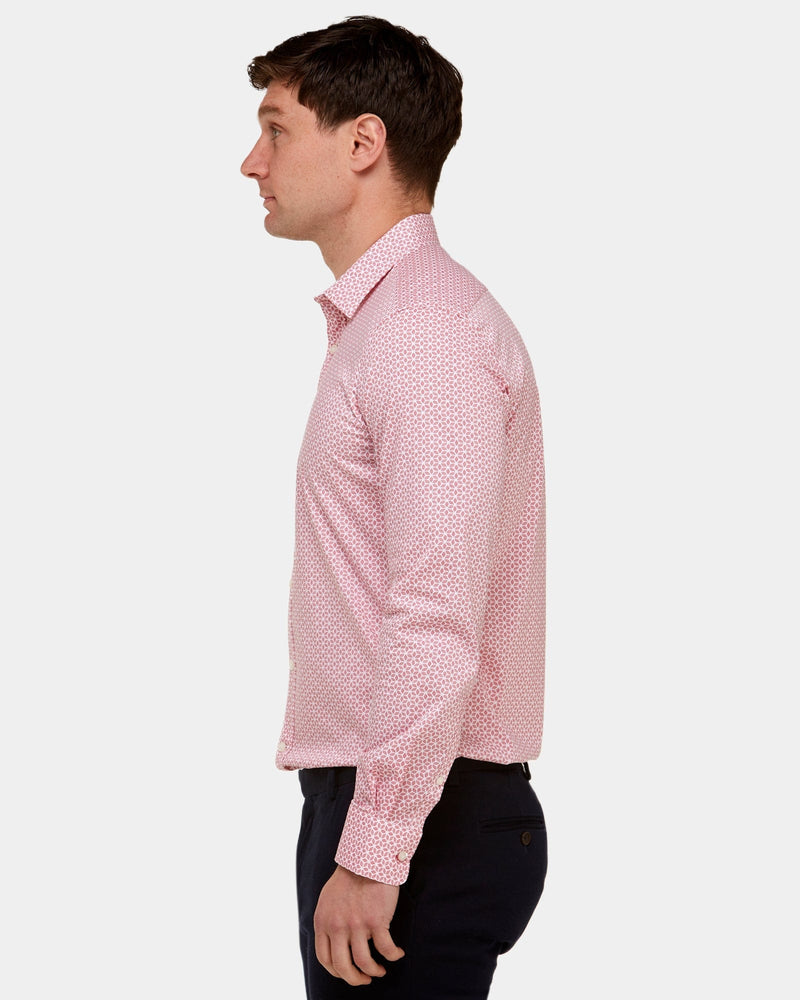 a side view of the brooksfield mens geo print shirt in pink its a slim fit