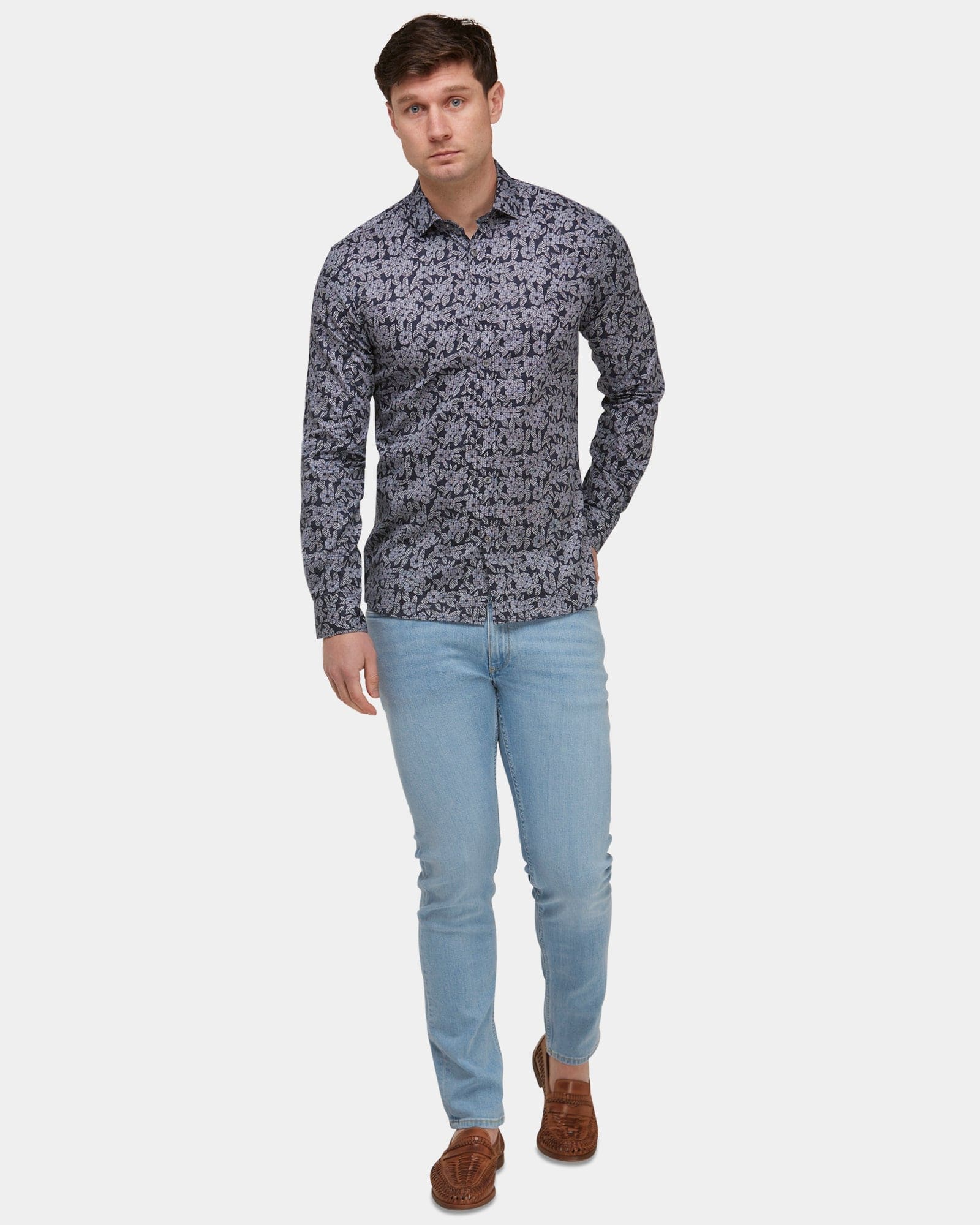 Mens Shirts Brooksfield Floral Print Mens Dress Shirt in Navy Mens