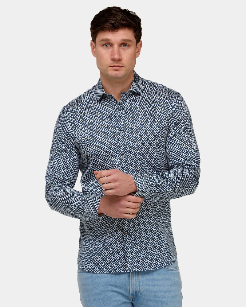brooksfield mens long sleeve navy shirt with a geometric print all over