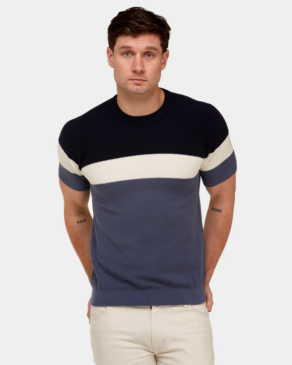 mens knitted cotton tshirt in navy blue and cream block stripe