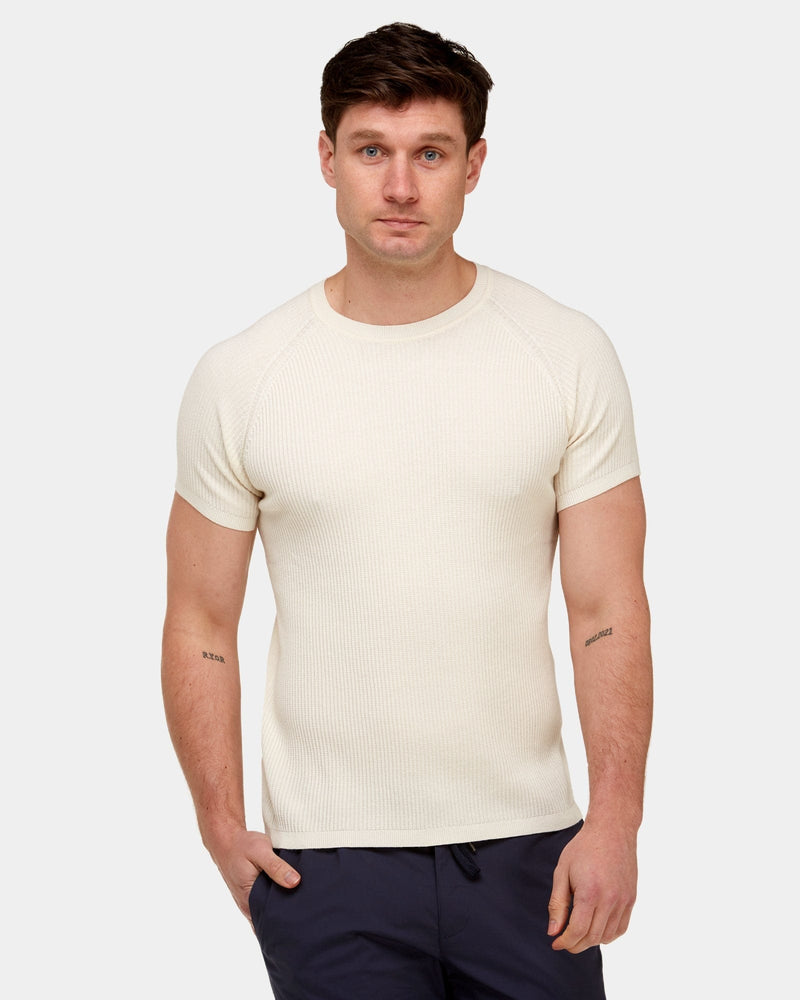 a beige short sleeve mens knitted t-shirt