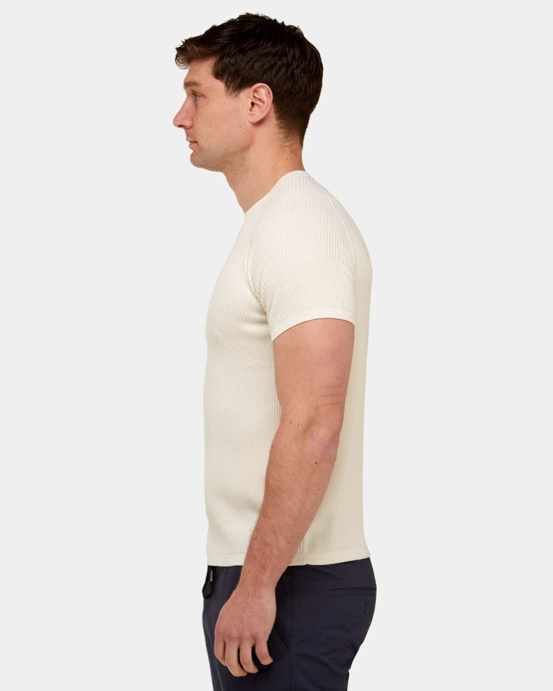 a side view of the mens slim fit tshirt in off white