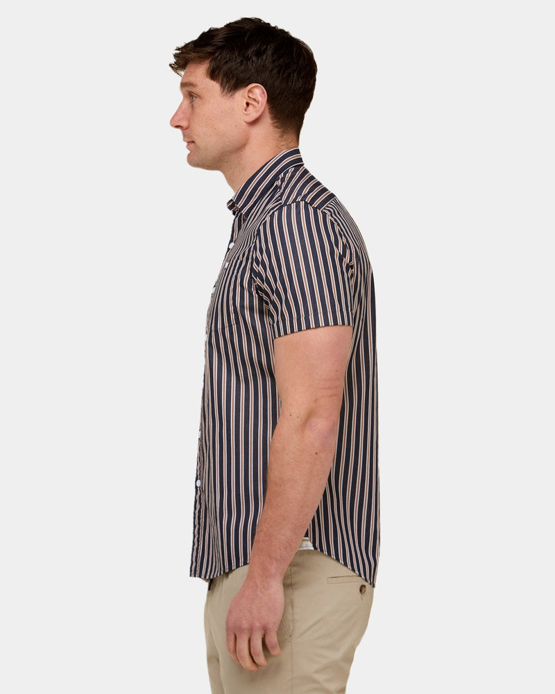 the slim fit shape of the mens short sleeve striped shirt 