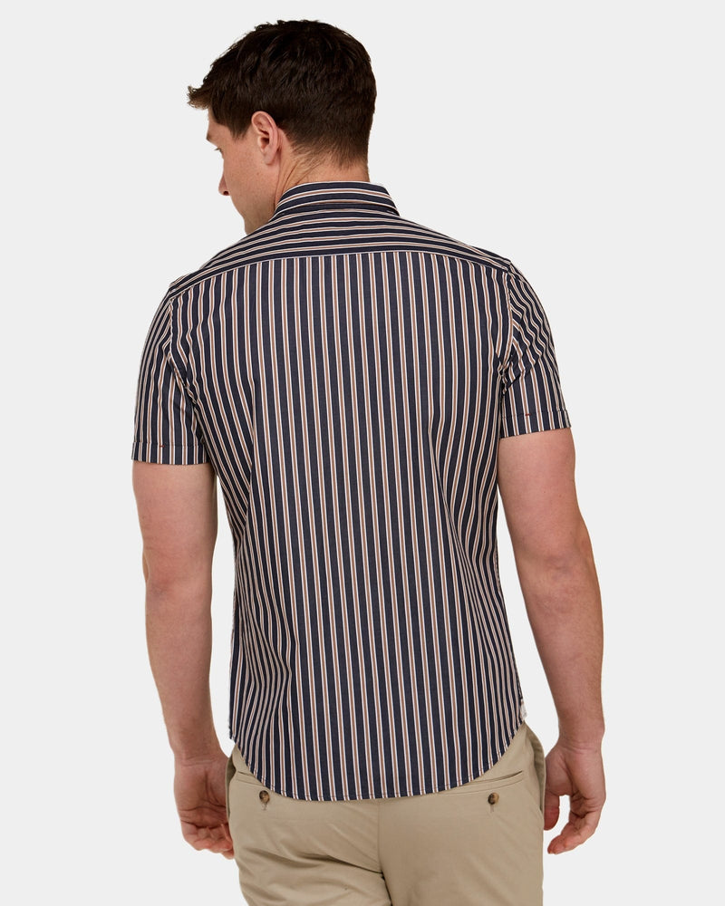 Brooksfield Slim Fit Short Sleeve Shirt in Black Stripe Print