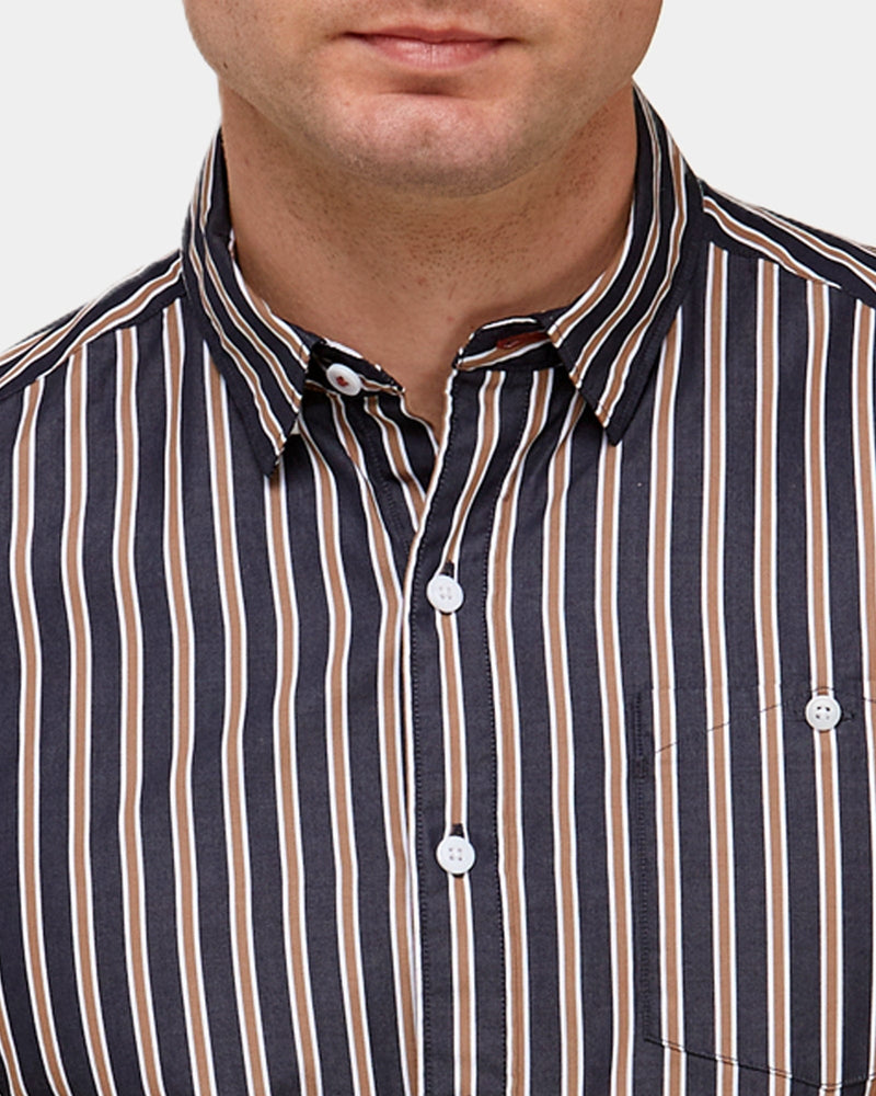 Brooksfield Slim Fit Short Sleeve Shirt in Black Stripe Print