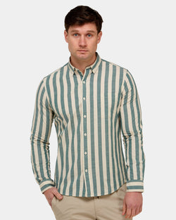 mens long sleeve casual shirt with green and beige vertical stripes