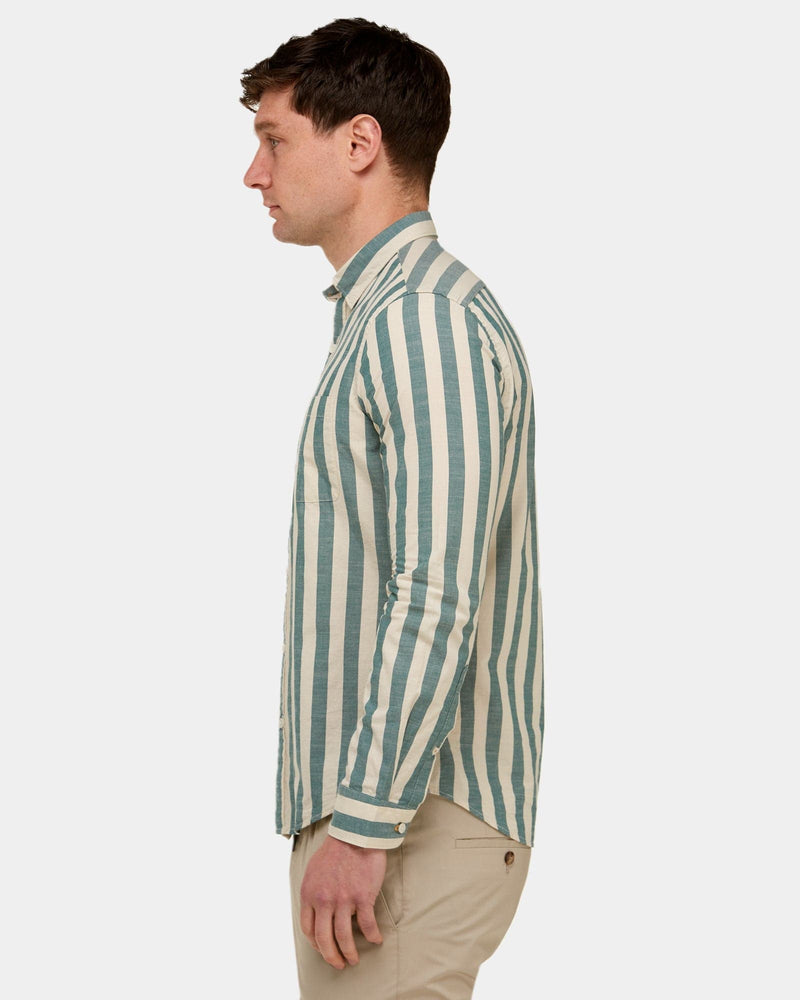 a slim fit mens casual shirt by brooksfield with a thick vertical green and beige stripe