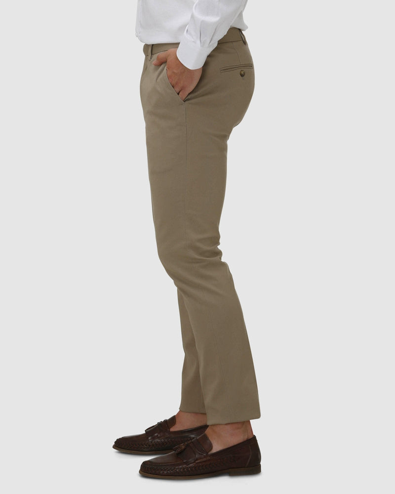 mens slim fit chino pant by brooksfield in tan on the side showing the slim tapered leg