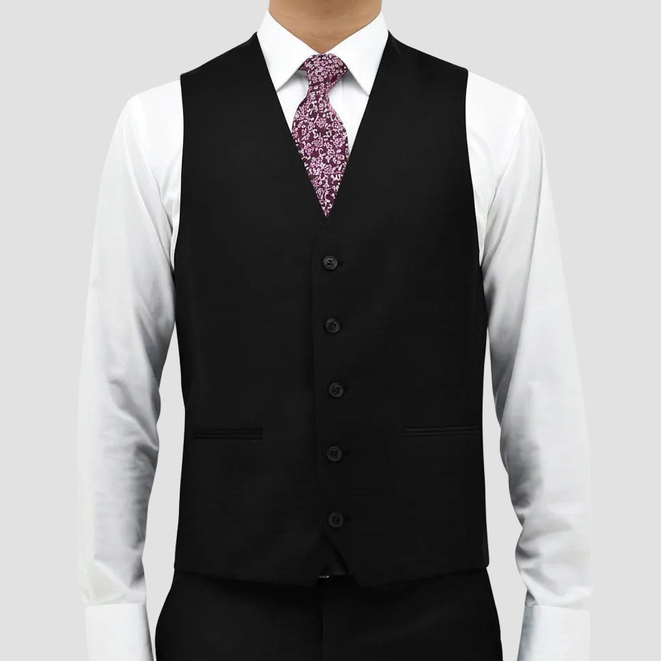 Boston’s Ryan black vest in classic fit with a five‑button front and jetted pockets.
