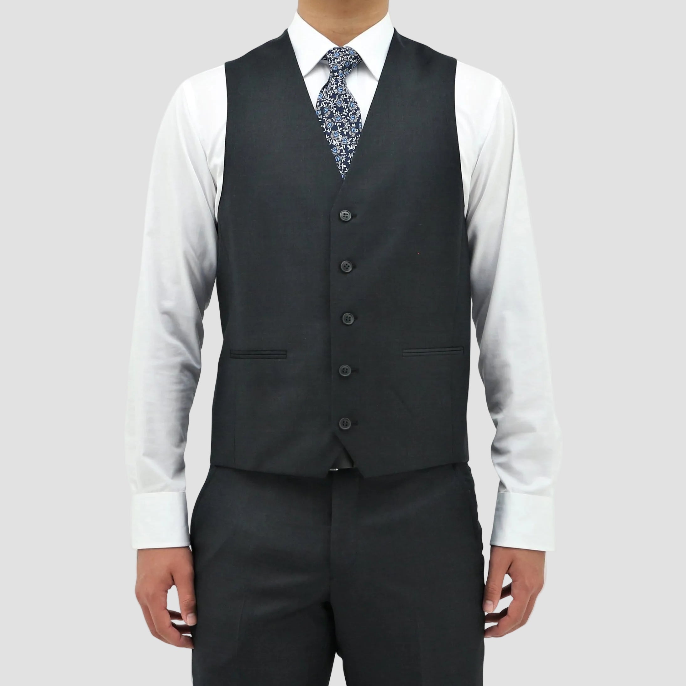 Boston’s Ryan charcoal vest in classic fit with a five‑button front and jetted pockets.