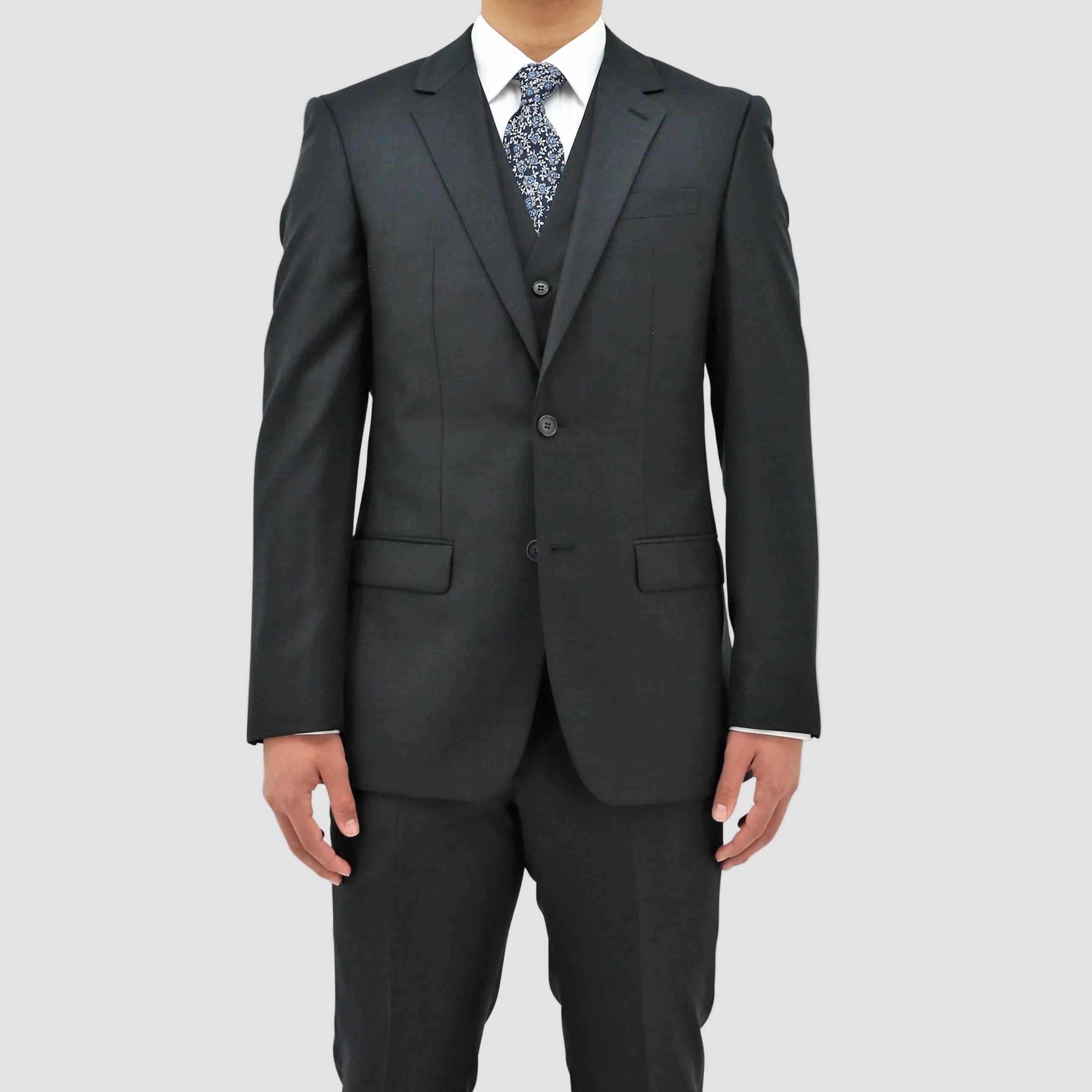 Boston’s Ryan charcoal vest in classic fit with a five‑button front and jetted pockets.