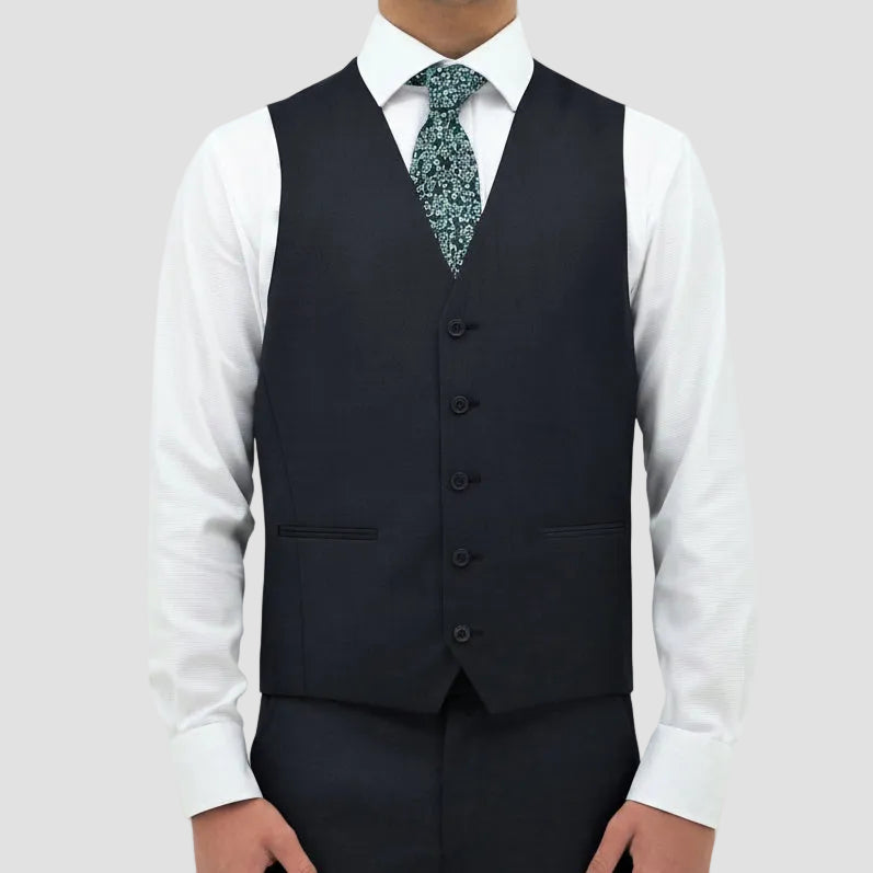 Men’s Ryan navy vest by Boston, crafted in Australian merino wool with a classic fit, V‑neck and jetted pockets.