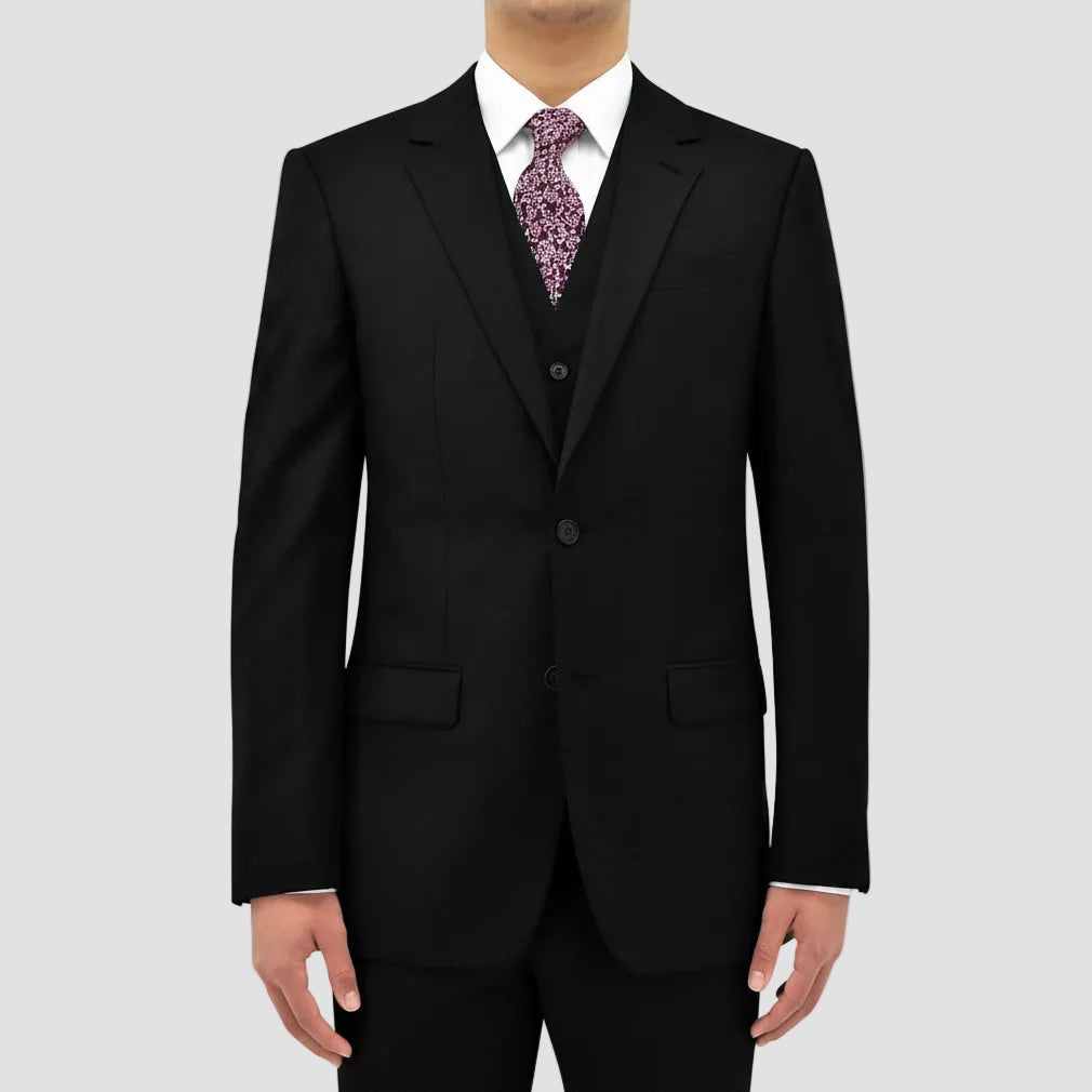 Boston’s Michel black suit in a comfort fit with notch lapel, flap pockets and tailored straight‑leg trousers.