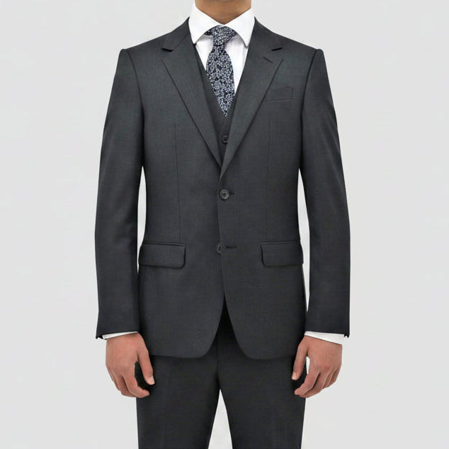 Boston’s Michel charcoal comfort‑fit suit with notch lapel, flap pockets and straight‑leg trousers.