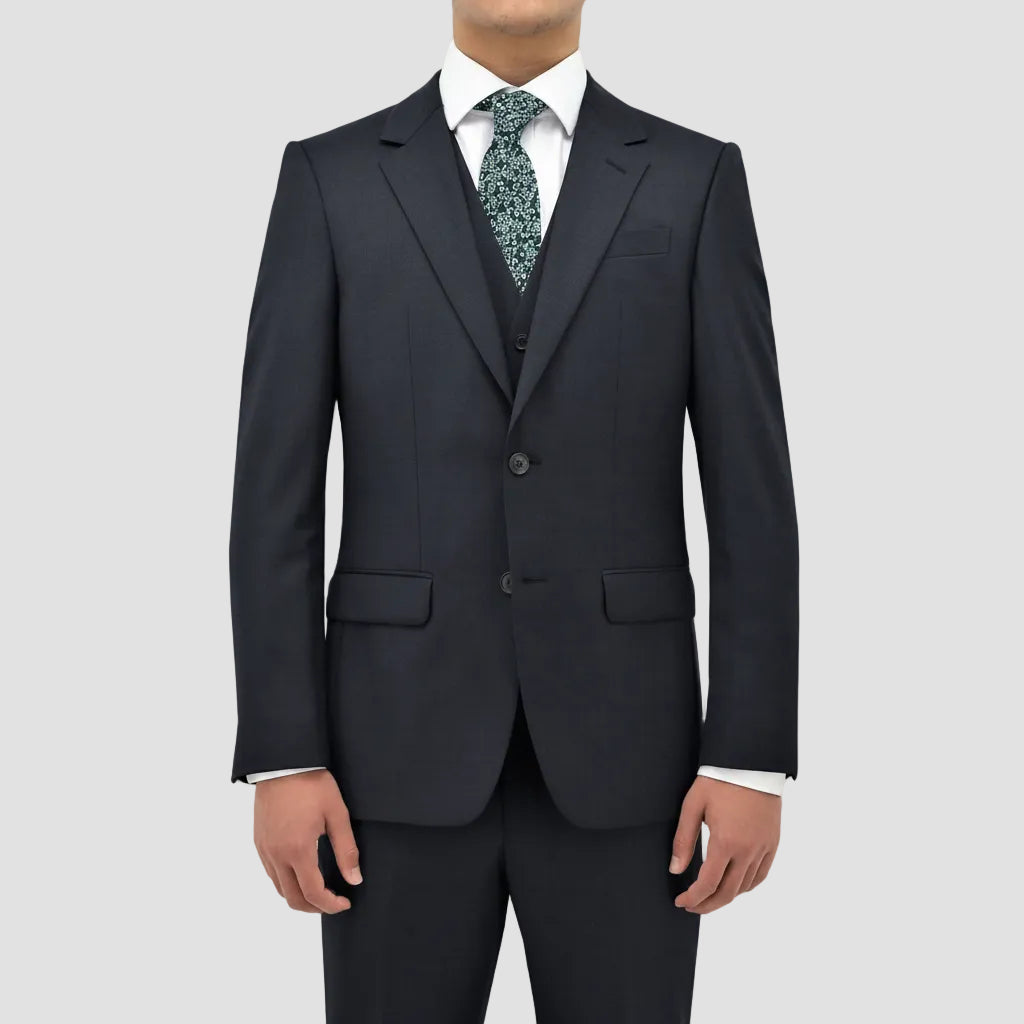 Boston’s Michel navy comfort‑fit suit with notch lapel, flap pockets and straight‑leg trousers. 