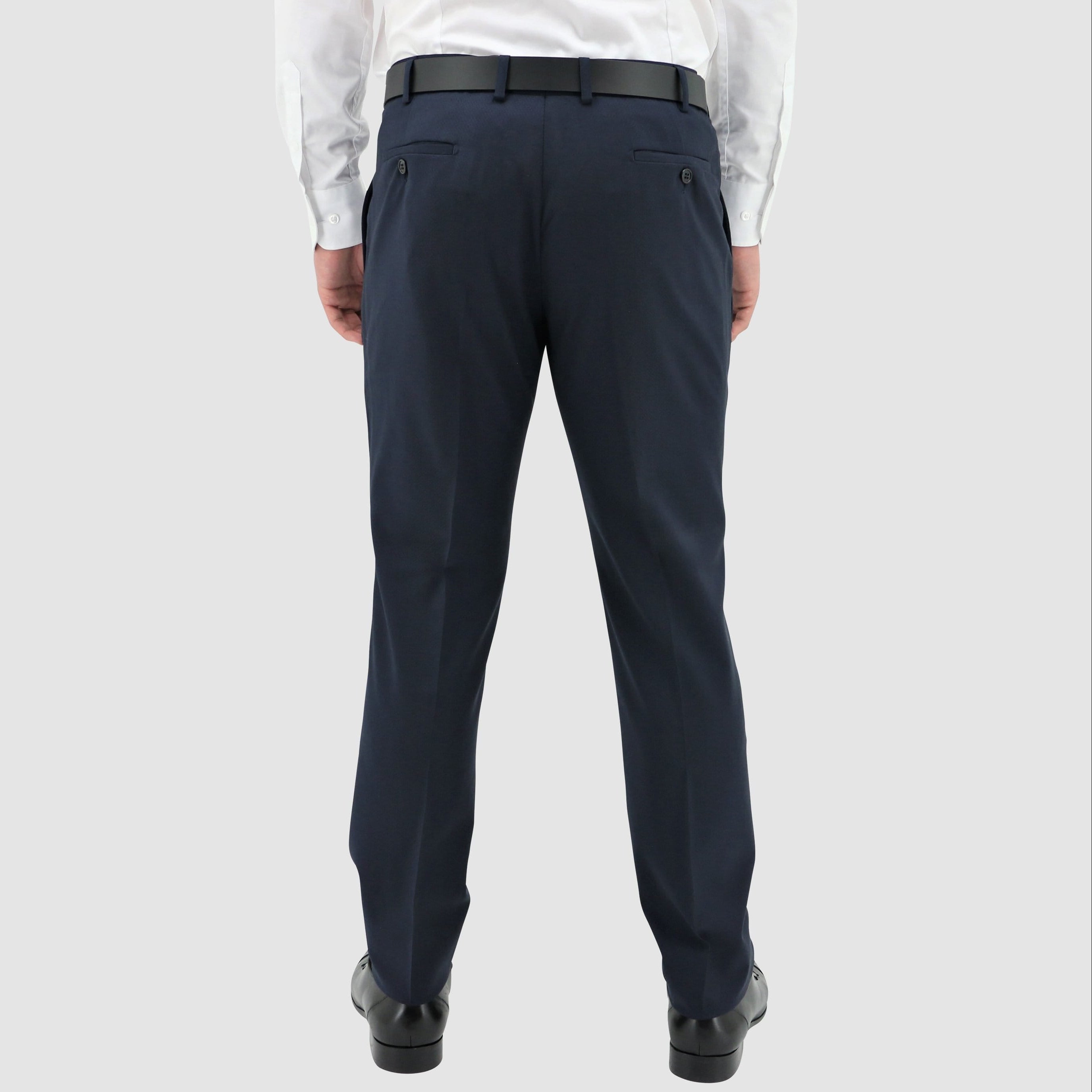Boston’s Edward navy slim‑fit trousers feature textured merino wool and a polished finish. 