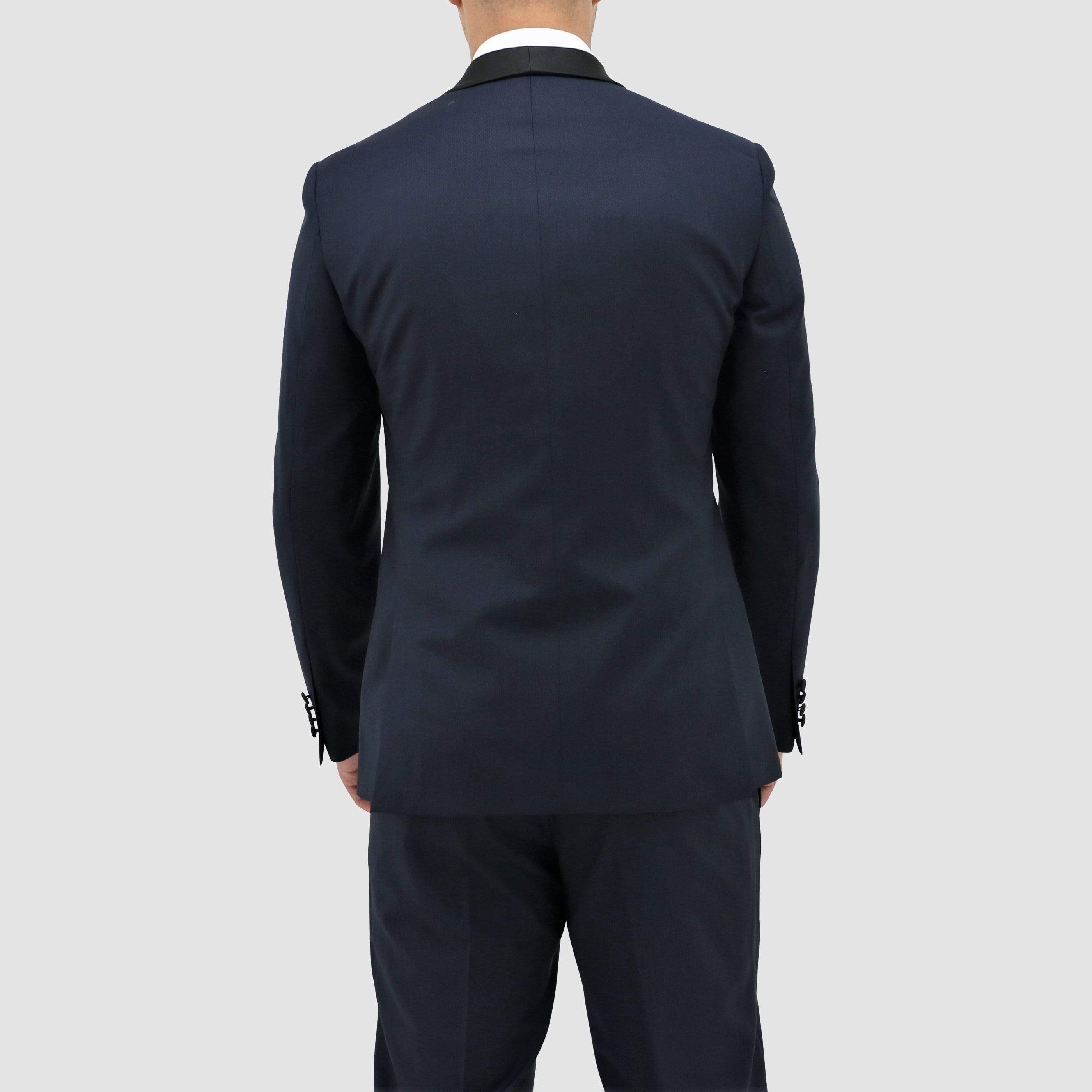 Men’s navy shawl‑lapel tuxedo by Boston.