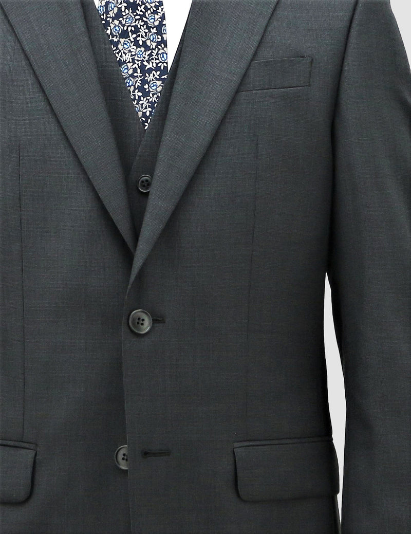 a close up of the lapel detail on the boston classic fit michel suit jacket and vest in charcoal pure wool B704-02