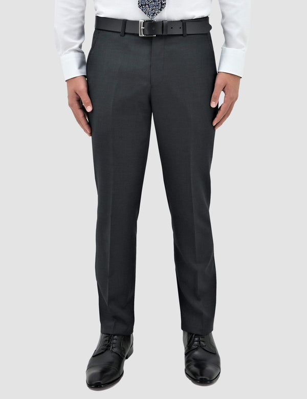 a front view of the boston classic fit lyon trouser in charcoal pure wool B704-02 showing the belt loop and pocket detail