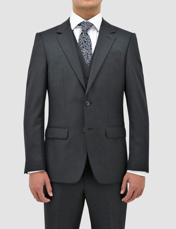 boston classic fit michel suit in charcoal pure wool B704-02 suit layered over the matching vest and white shirt
