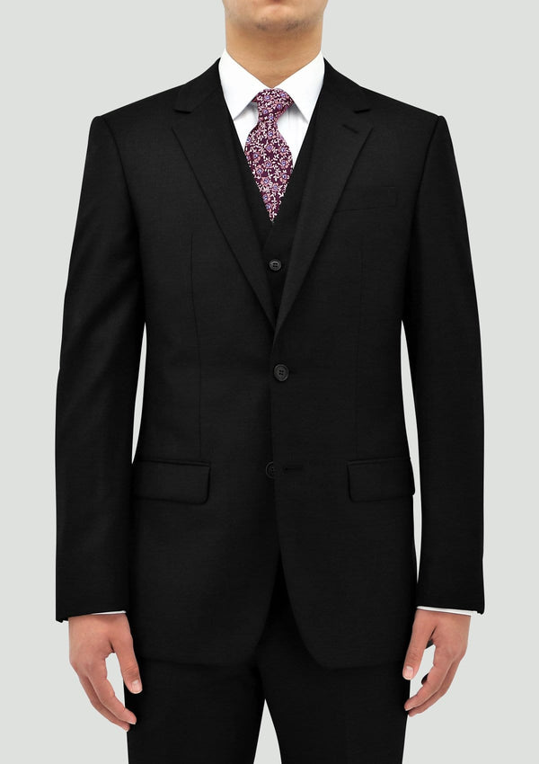 a front view of the Boston slim classic fit lyon mens suit in black pure wool B106-01