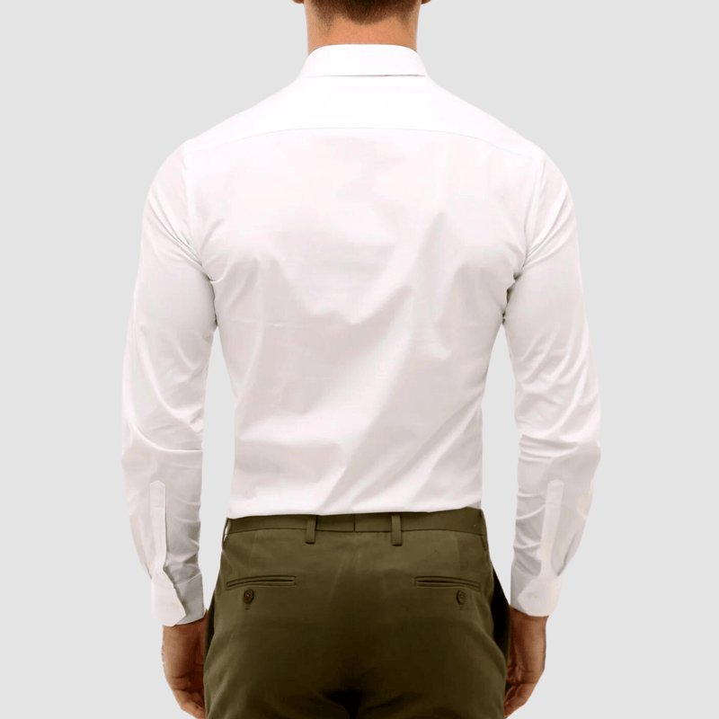 the back of the mens white performance shirt by brooksfield showing the slim fit