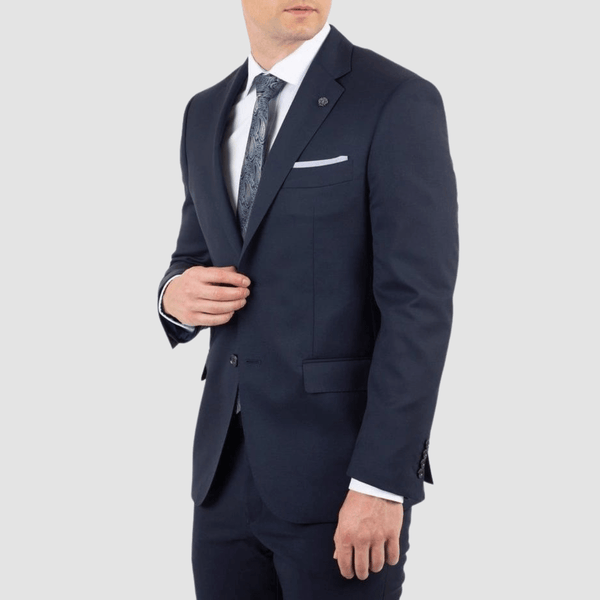 a side view of the mens navy suit with peak lapel FMG100