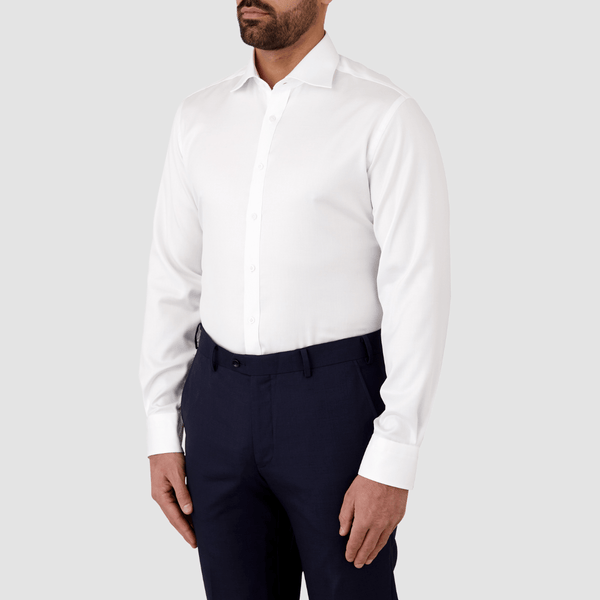 a side view of the Cambridge classic fit bentleigh mens shirt in white FCP250