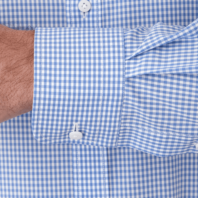 close up of the cuff detail on the mens bentleigh shirt in blue checks