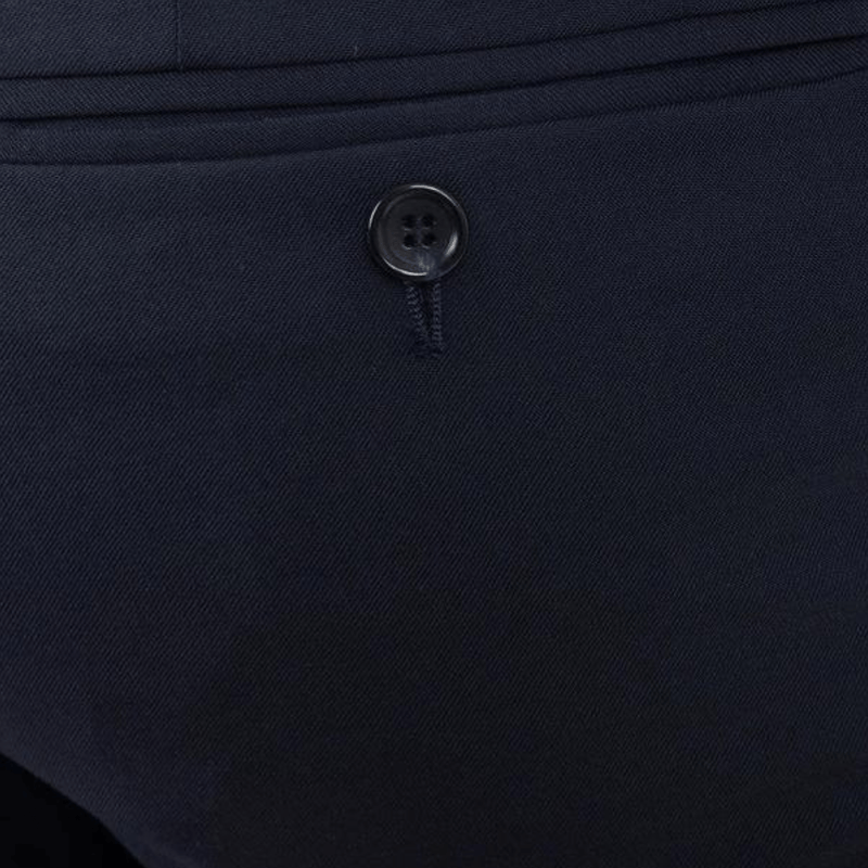 close up of the mens classic fit navy suit trouser by cambridge clothing