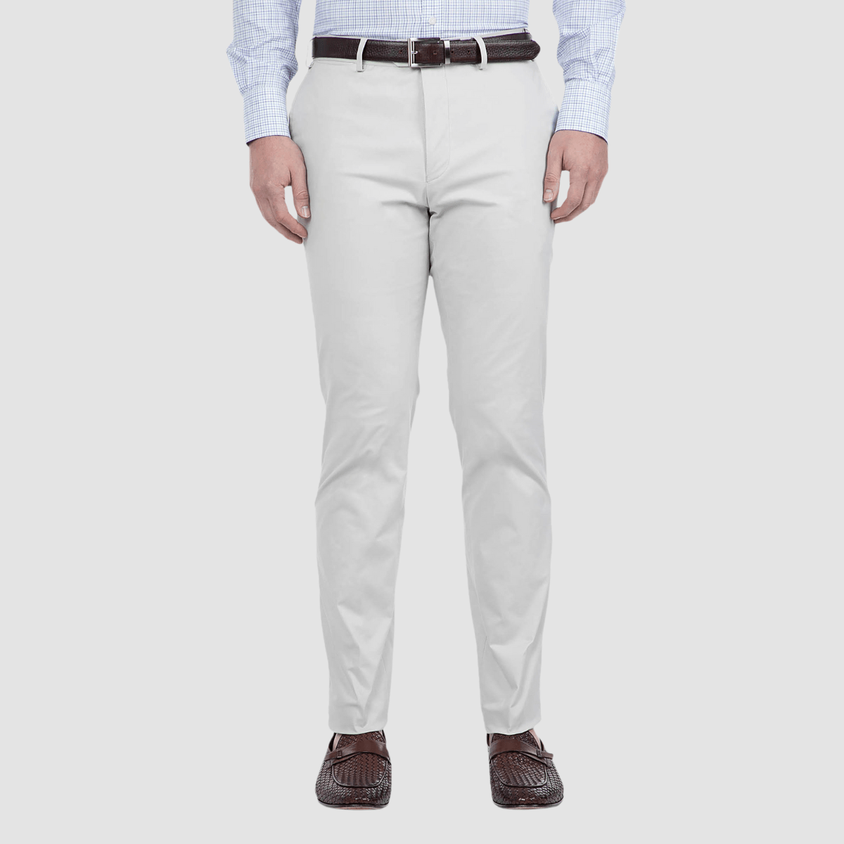 mens light grey chino pant with tan leather loafers and brown belt