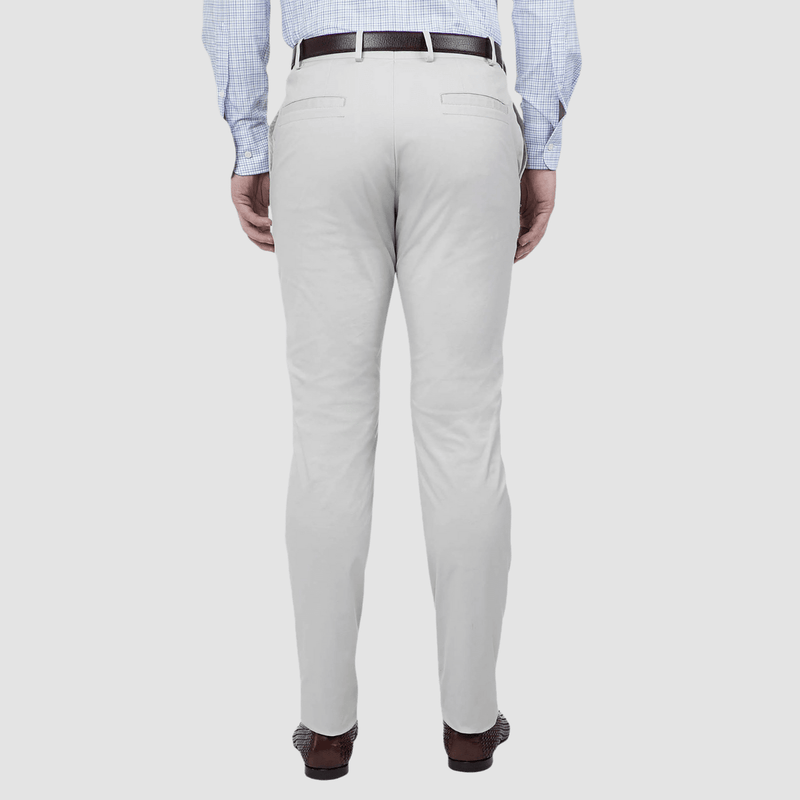 a slim fit mens light grey chino pant with brown belt and loafers