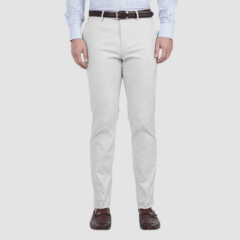 mens light grey chino pant with tan leather loafers and brown belt