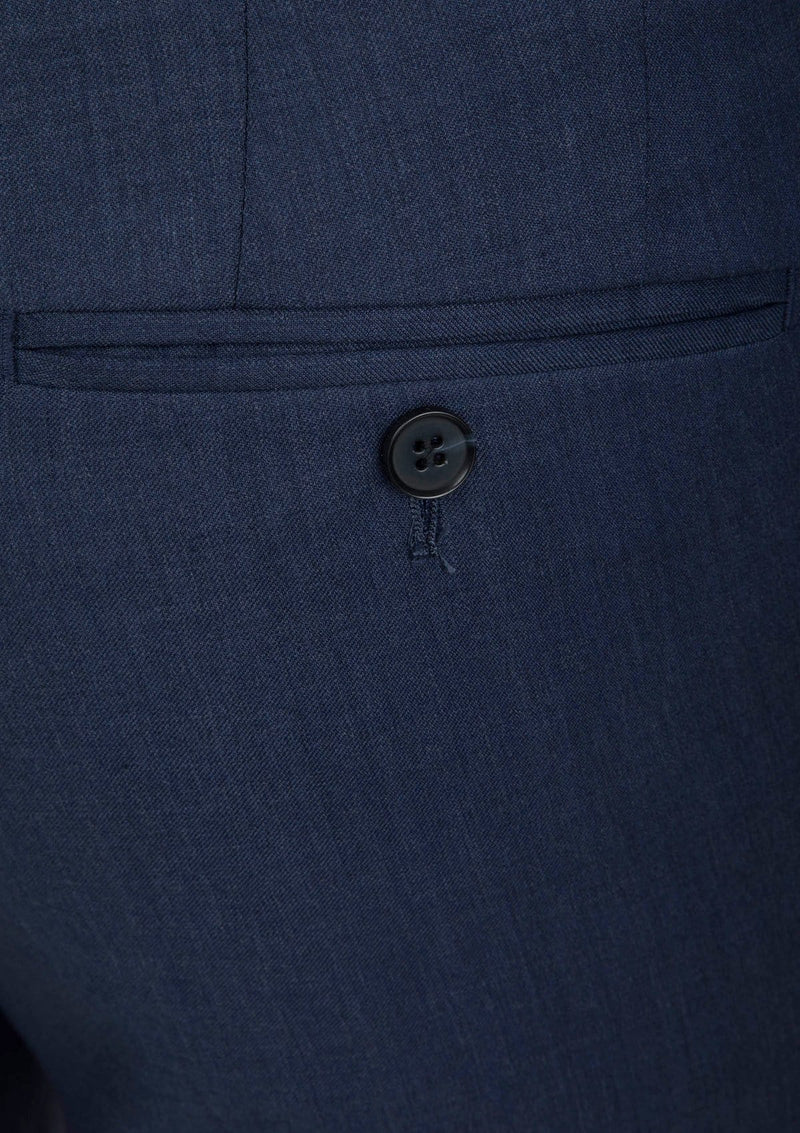 a close up of the back pocket on the cambridge menswear the jett trouser in blue woll blend FCG279