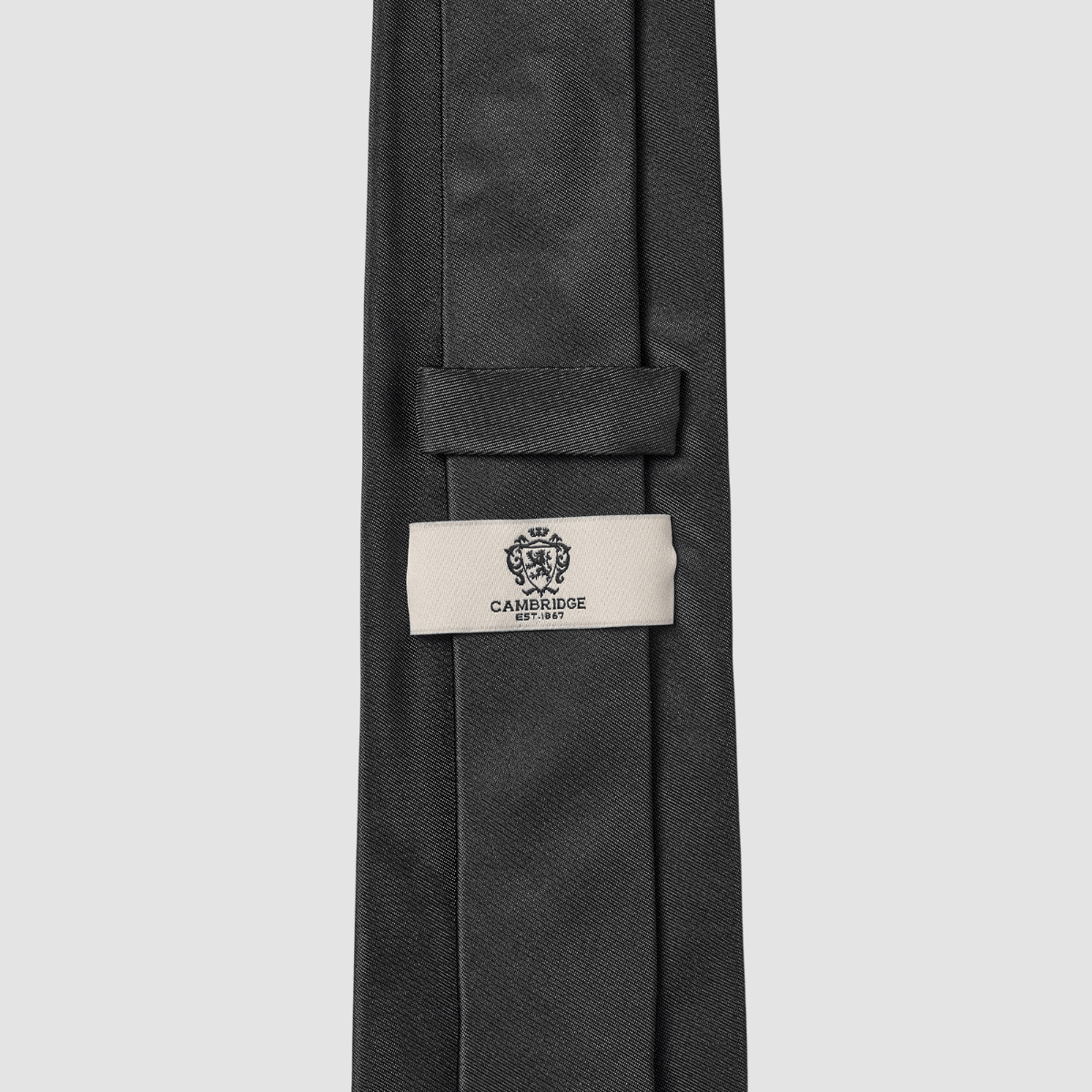 the back of the mens neck tie in black sati by cambridge