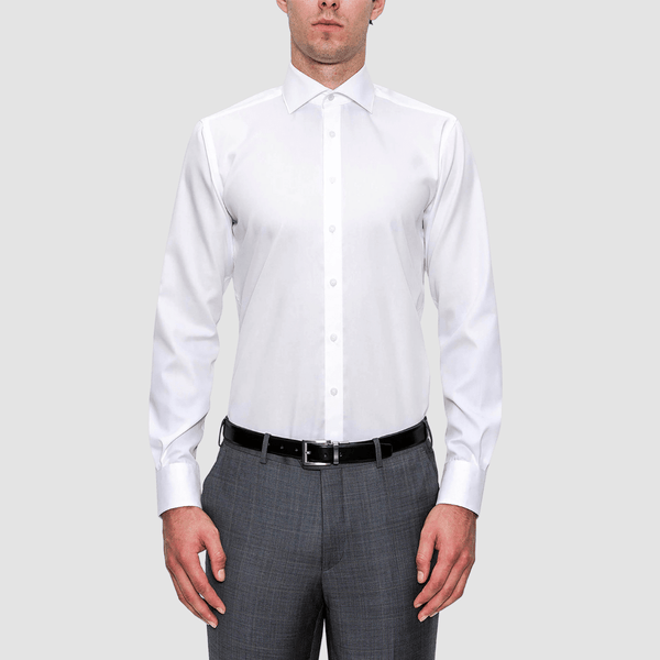 the white preston shirt in a cotton polyester blend with a pointed collar