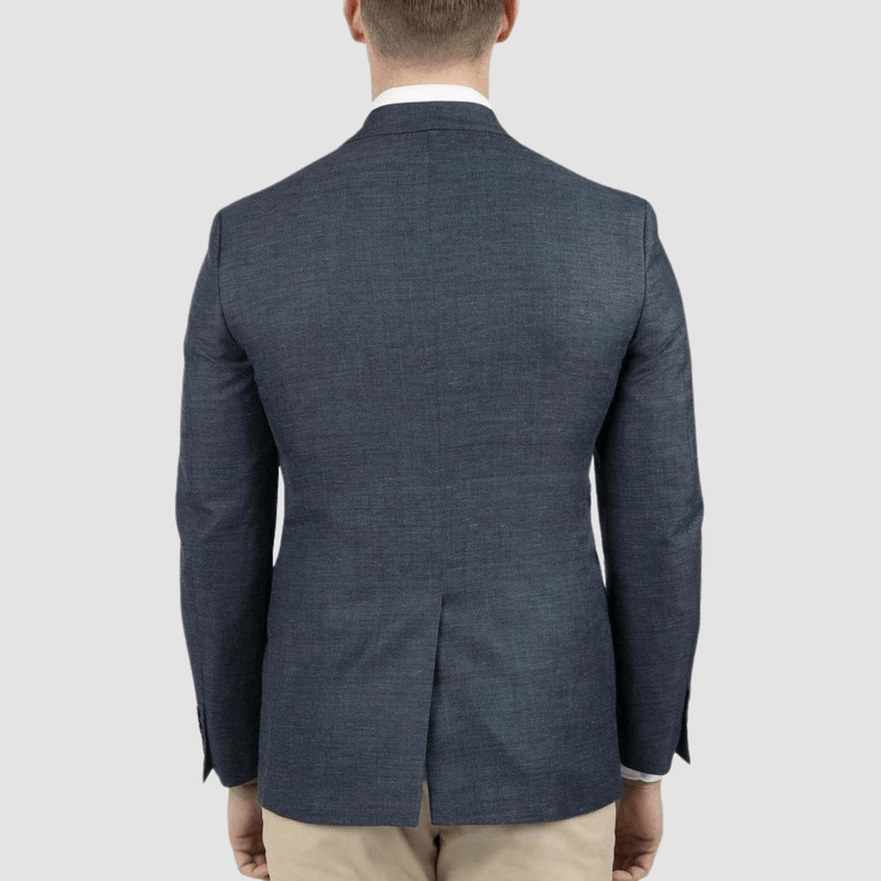 the back view of the mens denim blue sports jacket by cambridge