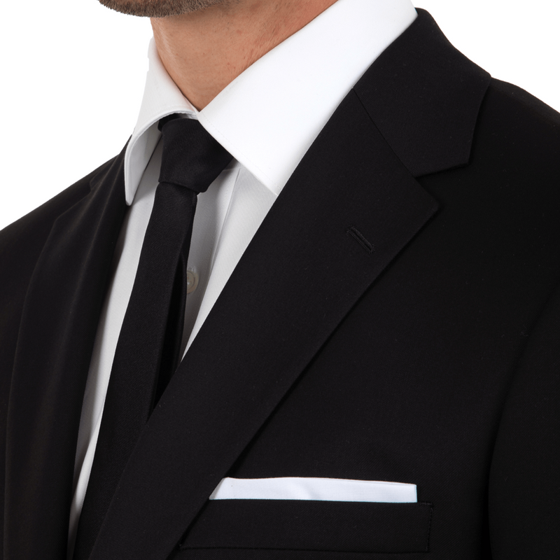 close up of the lapel on the Cambridge slim fit serra tuxedo suit in black