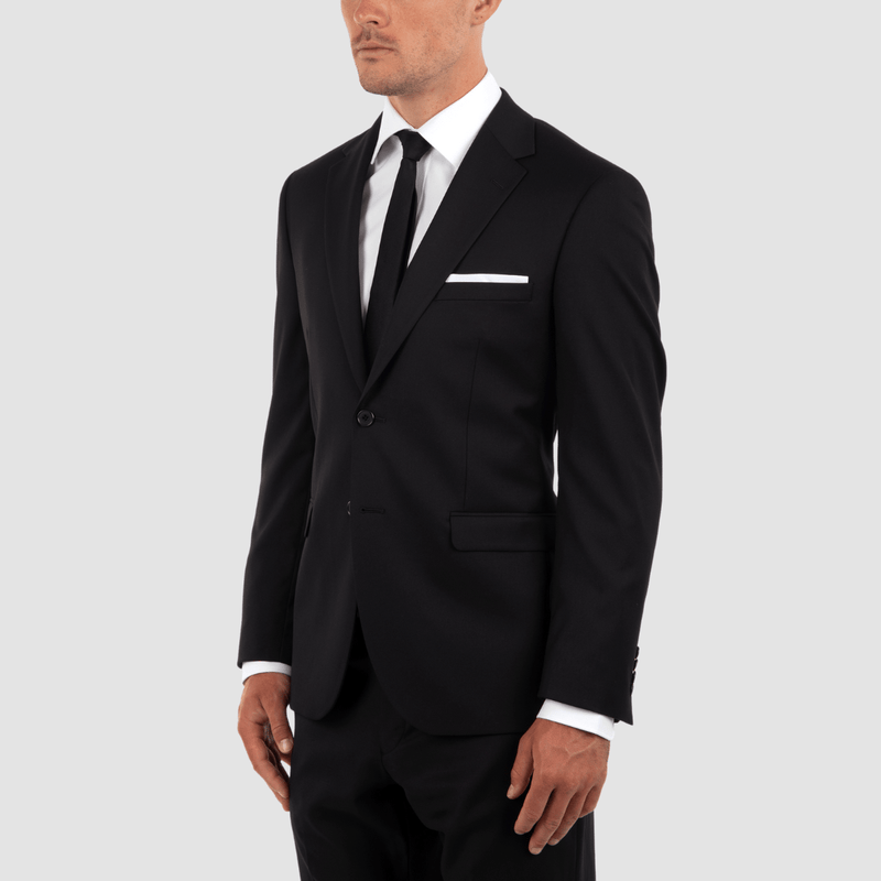 the side view of the Cambridge slim fit serra tuxedo suit in black
