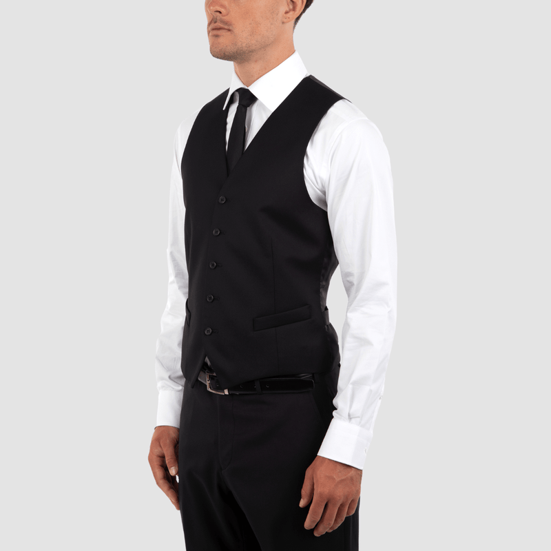 Cambridge slim fit taurus mens vest in black with five button front with a black tie