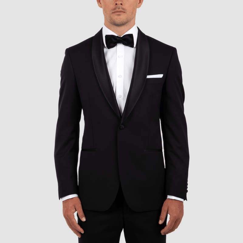 a front view of the cambridge stirling mens black tuxedo with black bow tie and a white dress shirt