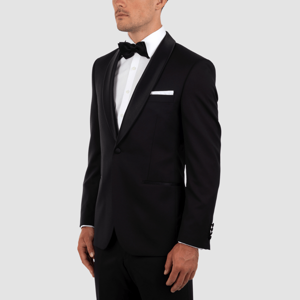 black mens tuxedo with satin details on the lapel and pockets