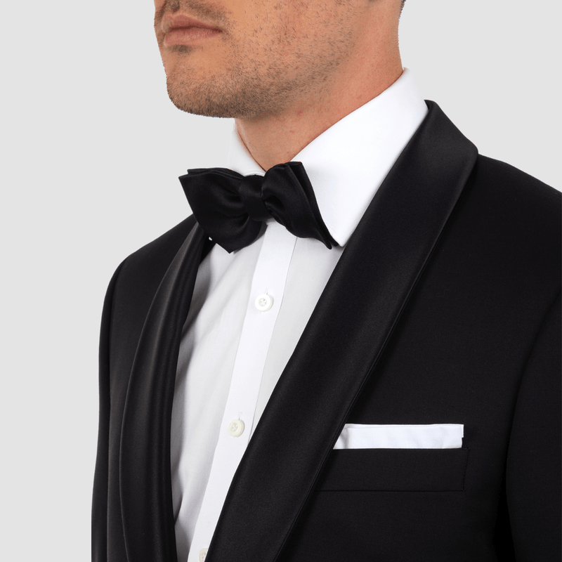 the satin shawl lapel on the cambridge mens stirling tuxedo jacket in black wool
