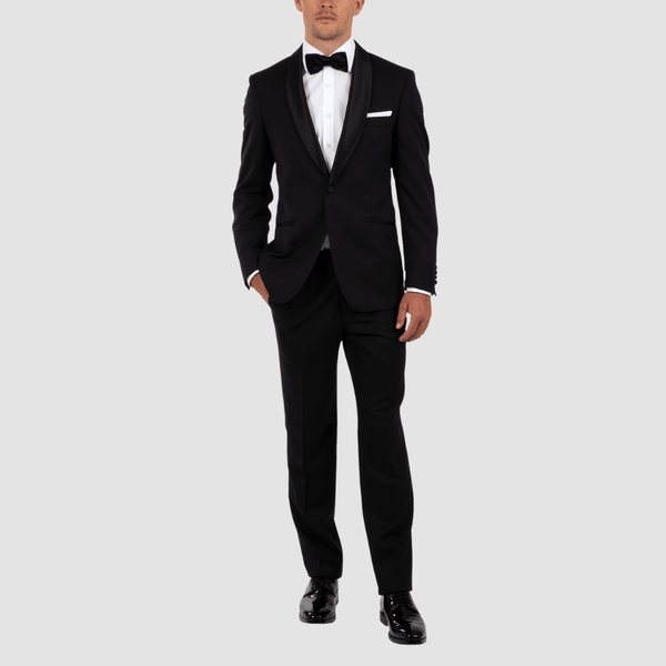 cambridge black stirling tuxedo with satin details on the lapel
