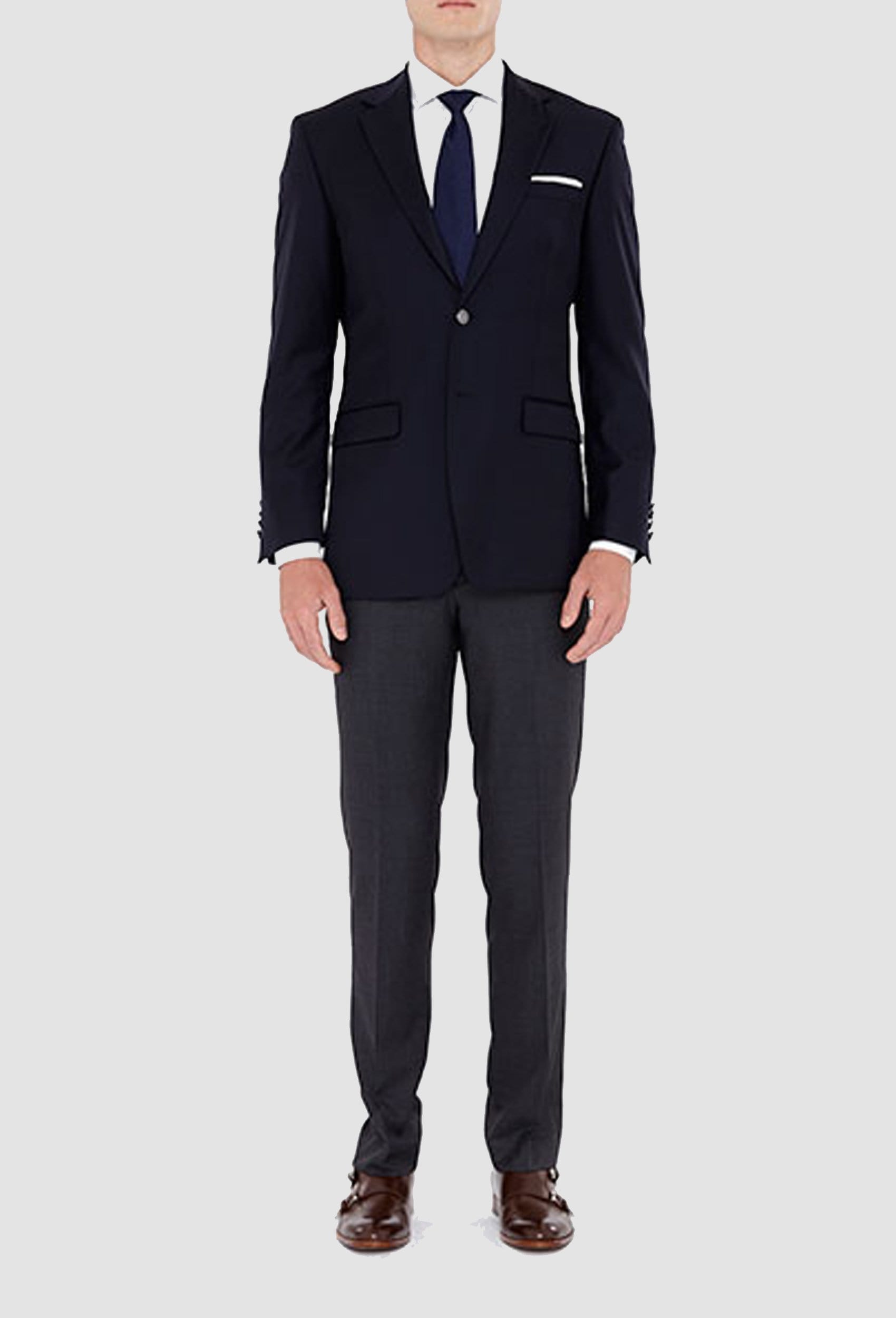 A model wears the Cambridge slim fit Ariel blazer in navy pure Australian wool