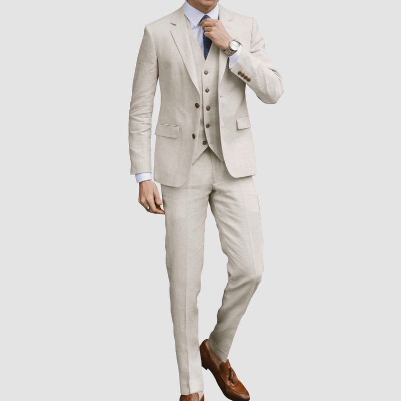 daniel hecther three piece mens linen suit in sand colour
