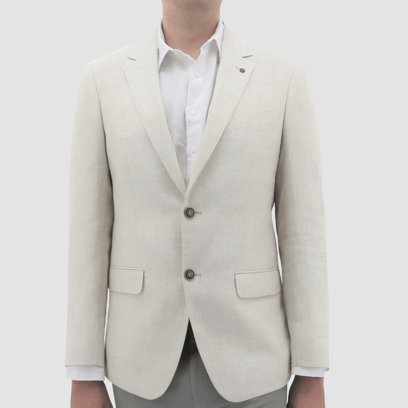 close up of the daniel hechter shape linen suit jacket with two buttons and notch lapel