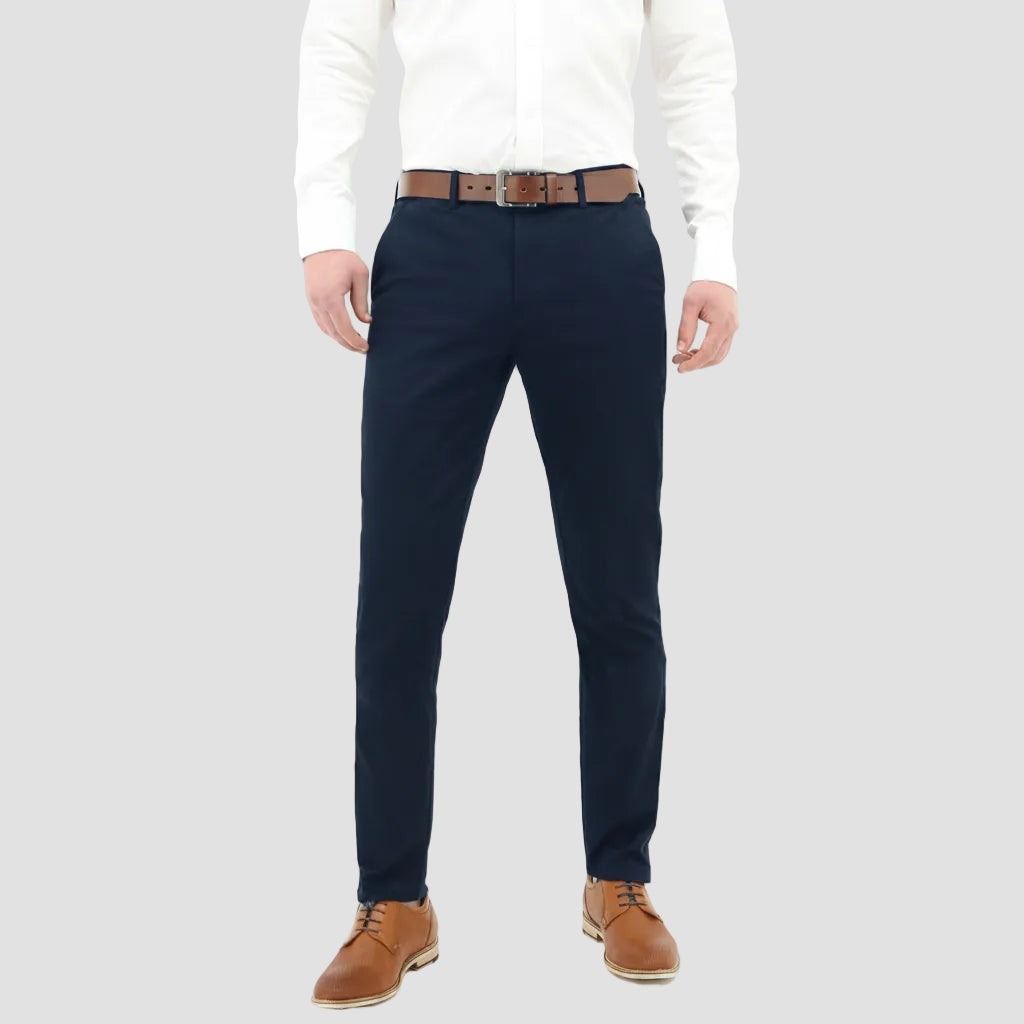 a front on view of the daniel hechter slim fit navy cotton stretch chinos worn with a white shirt and a tan leather shoe